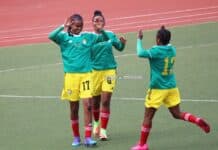 Ethiopia players celebrate scoring a goal