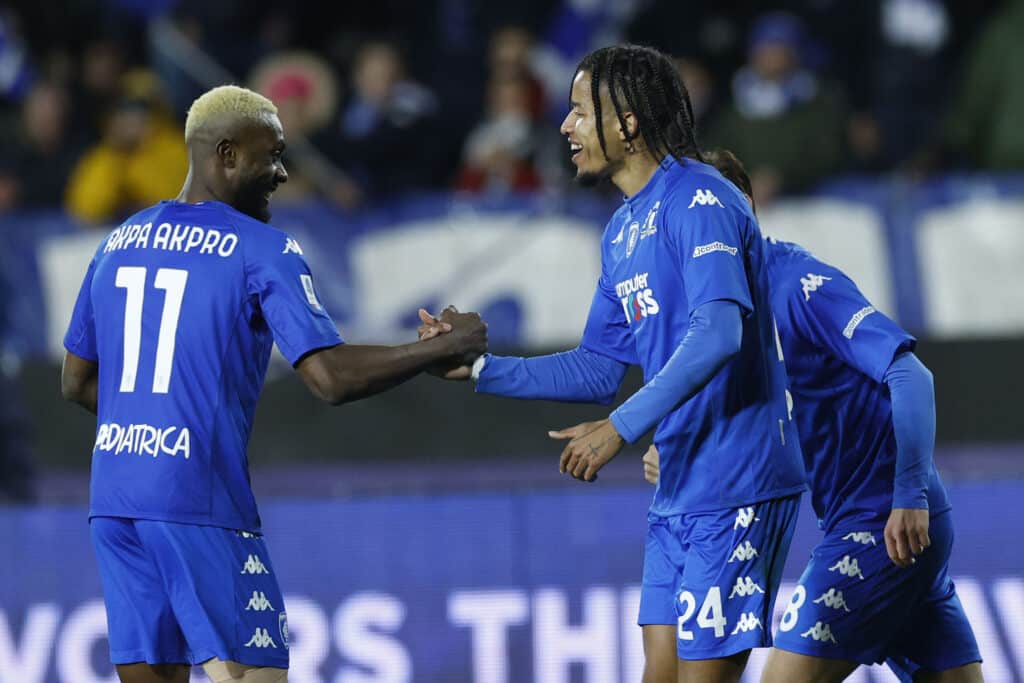 Tyronne Ebuehi (Empoli FC) celebrates after scoring his team's first goal with team mates during the Serie A