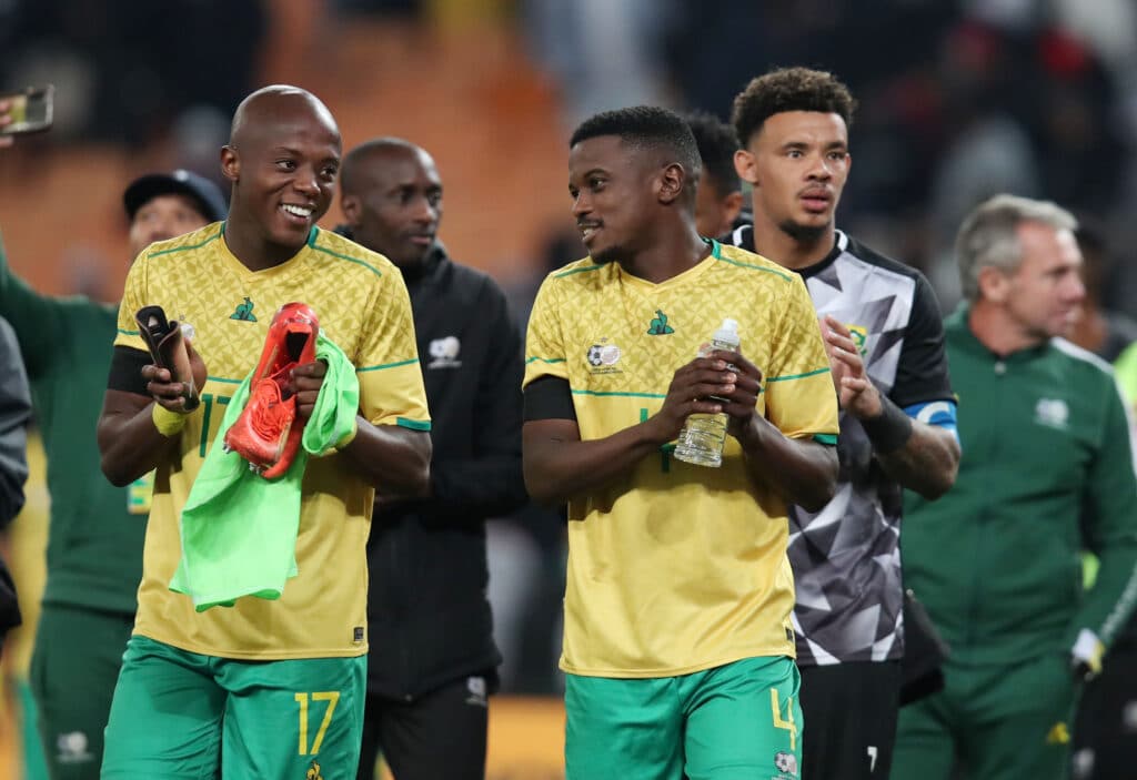 South Africa players celebrates victory with fans during the 2023 Africa Cup of Nations Qualifiers match between South Africa and Morocco