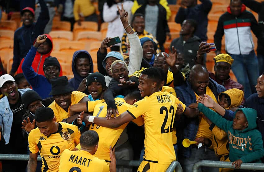 Kaizer Chiefs players celebrate scoring AmaZulu in the DStv Premiership