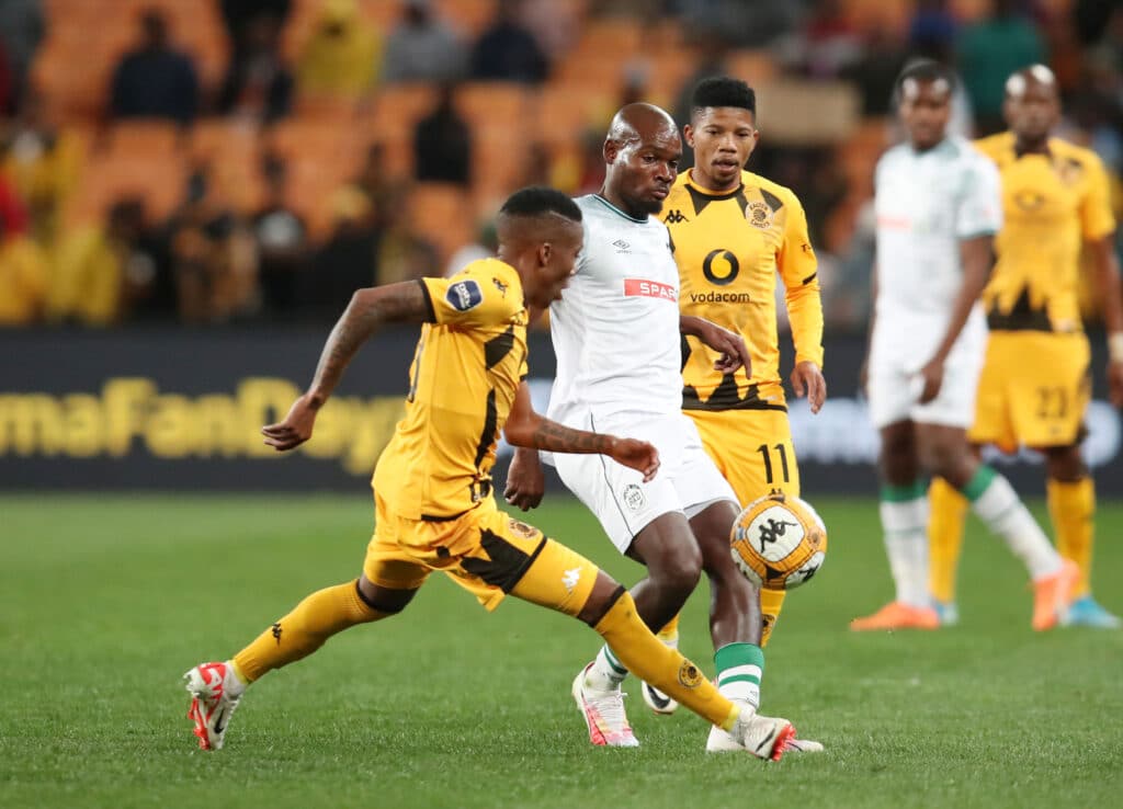 Tercious Malepe of AmaZulu challenged by Pule Mmodi and Tebogo Potsane of Kaizer Chiefs during the DStv Premiership 2023/24 match between Kaizer Chiefs and AmaZulu