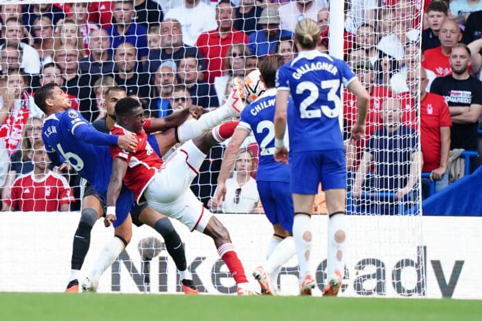 Nottingham Forest's Taiwo Awoniyi has a attempt at goal during the Premier League match at Stamford Bridge