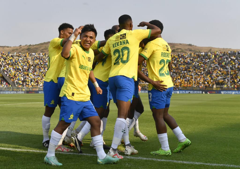 african football league favourites Mamelodi Sundowns players celebrating a goal