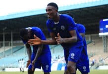 Alex Oyowah of Rivers United celebrates his goal during the CAF Confederation Cup