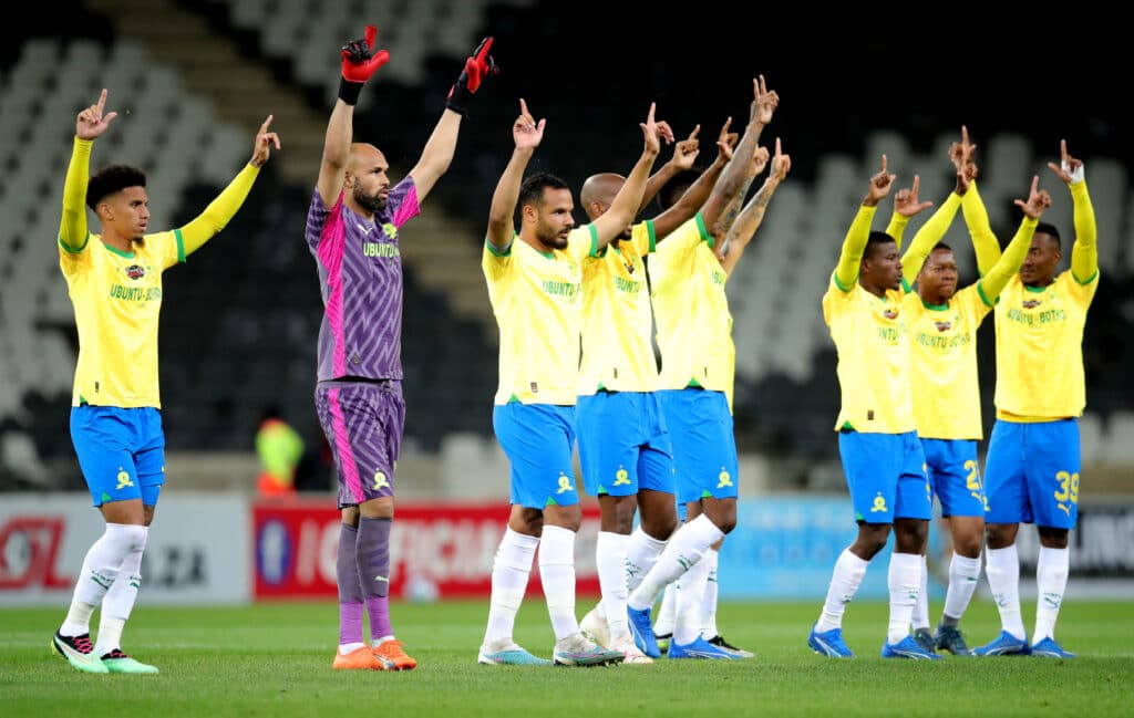 Mamelodi Sundowns players applaud fans during the 2023 Carling Knockout Cup last 16 match between TS Galaxy and Mamelodi Sundowns