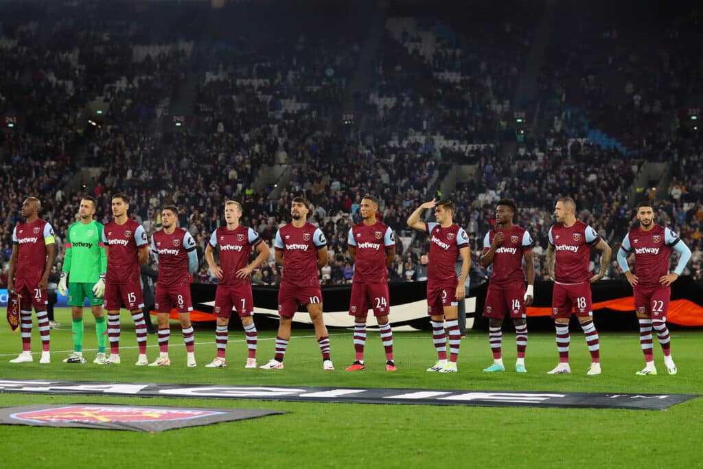 West Ham United versus Backa Topola; West Ham United starting eleven stand during the Europa League anthem