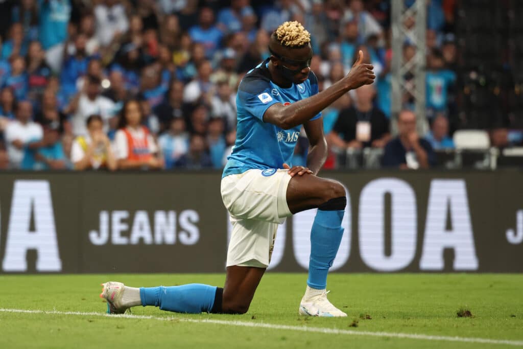 Victor Osimhen on his knees in a Napoli fixture