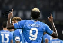 Victor Osimhen of SSC Napoli celebrates after scoring his 100th club goal