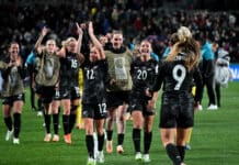 New Zealand team celebrate winning vs Norway